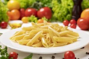 assiette de cuit italien Pâtes sur blanc table photo