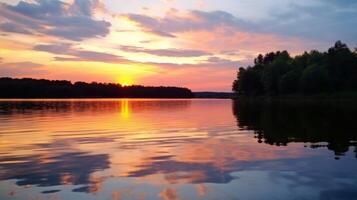 une paisible Lac à le coucher du soleil reflétant le étourdissant couleurs de le ciel et offre une pittoresque vue pour retraités à se détendre et réfléchir photo