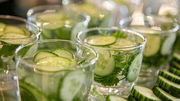 une dégustation station rempli avec petit des lunettes de infusé au concombre l'eau encourageant participants à essayer Nouveau et unique saveur combinaisons photo