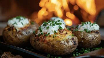 saveur le rustique les saveurs de le campagne avec ces coin du feu cuit patates rôti lentement dans le ouvert cheminée et servi avec une crémeux et piquant acide crème et ciboulette Garniture photo