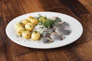 hareng poisson avec Jeune patates des balles sur une blanc assiette photo