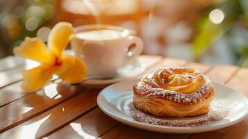 élever votre petit déjeuner Jeu avec une tropical Pâtisserie et café Matin une rencontre fabriqué dans culinaire paradis photo