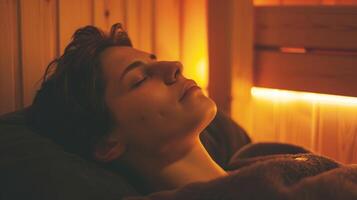 une la personne mensonge vers le bas sur une sauna banc leur yeux fermé dans une Etat de relaxation. photo