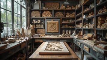 une Dans les coulisses Regardez à une charpentiers atelier avec étagères de moulage ting outils sciure terré sur le Table de travail et fini pièces de moulage sur afficher comme une testament photo