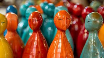 une collection de céramique figurines avec une lisse et brillant émail terminer mettant en valeur leur vibrant et vif couleurs. photo