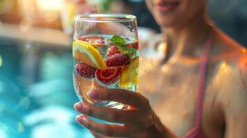 une patient profiter une rafraîchissant verre de infusé aux fruits l'eau tandis que prise une Pause de leur sauna session promouvoir hydratation et soins auto-administrés dans leur réhabilitation voyage. photo