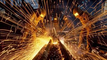 une équipe de soudeurs création des étincelles comme elles ou ils joindre métal pièces ensemble à forme une de construction cadre photo