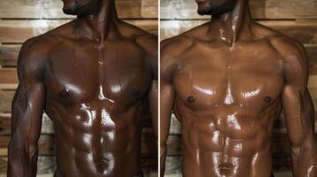 une cote à cote Comparaison photo de un les athlètes corps avant et après en utilisant une sauna mise en évidence le perte de excès l'eau poids et amélioré muscle définition.