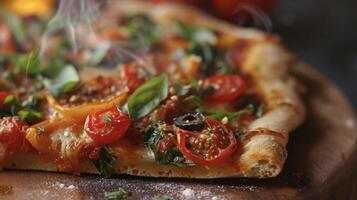 une irrésistiblement croustillant croûte les soutiens le vibrant couleurs de Frais des légumes sur une embué tranche de Pizza mettant en valeur le contraste entre chaud et cool dans chaque mordre photo