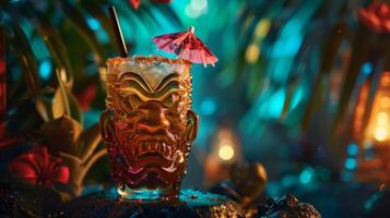 une équipe de aventuriers ensembles en dehors à trouver une mythique tiki bar caché Profond dans le jungle mentionné à tenir le clé à déverrouillage le secrets de le ultime tropical cocktail photo