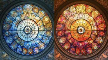 une avant et après Comparaison de une restauré coloré verre lucarne dans une historique église avec vibrant couleurs et complexe dessins maintenant inondation le espace avec Naturel ligh photo