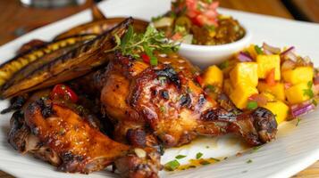 une sarriette et y secousse poulet plat servi avec une côté de plantains et mangue chutney photo