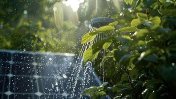 une image de une énergie solaire arrosage système dans action mettant en valeur un respectueux de la nature façon à garder jardins hydraté sans pour autant gaspillage énergie photo