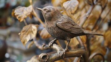 une fini grès sculpture de une oiseau perché sur une arbre branche fièrement des stands sur afficher mise en évidence le impressionnant durabilité de le moyen. photo