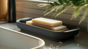 une lisse moderne savon plat avec une mat terminer et nettoyer lignes conçu à garder savon bars sec et étendre leur durée de vie. photo