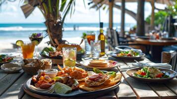 joindre nous pour une en bord de mer le banquet à notre plage cabane brunch où bien nourriture et génial vues rencontrer photo