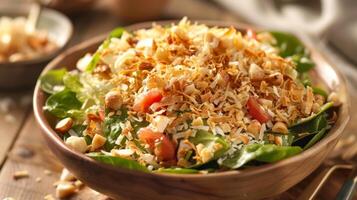 croquant noix de coco flocons et grillé macadamia des noisettes offre une unique île torsion sur traditionnel salade garnitures photo