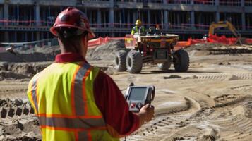 une ouvrier est vu en fonctionnement une Télécommandé vagabond équipé avec appareils photo permettant leur à inspecter difficile à atteindre zones de le construction site