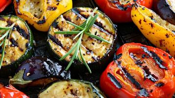 grillé des légumes comprenant Zucchini cloche poivrons et aubergine sont bruine avec une balsamique glaçage pour une éclater de saveur photo