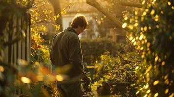 une symphonie de chant des oiseaux et le doux bruissement de feuilles comme une homme travaux dans le sien jardin pleinement immergé dans le paisible des sons de la nature photo