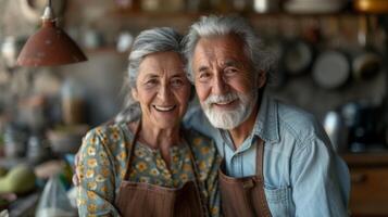 une Sénior couple engageant dans une atelier sur fabrication leur posséder respectueux de la nature nettoyage Provisions en utilisant Naturel Ingrédients photo