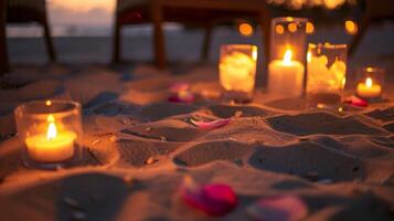 le chaud le sable sous les pieds création une confortable et détendu atmosphère pour une romantique soir photo