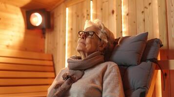 une la personne de Avancée âge découverte le soulagement de raideur et mixte douleur tandis que en utilisant un infrarouge sauna promouvoir mieux intervalle de mouvement. photo