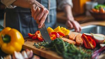 une la personne trancher en haut coloré des légumes dans une cuisine impliquant le importance de incorporation une variété de à base de plantes nourriture dans ceux régime à soutien sauna thérapie. photo