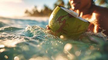 une surfeur prend une Pause de équitation le vagues à réhydrater avec certains Frais noix de coco l'eau réapprovisionnement tous les deux esprit et corps photo