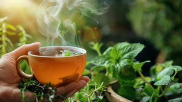 une main en portant une tasse de chaud thé vapeur en hausse de ses surface entouré par thé feuilles et herbes photo