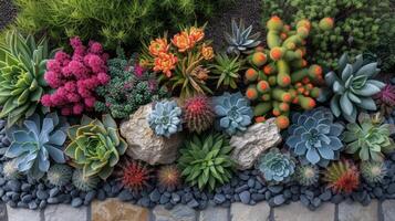 un aérien coup de une de face Cour cette a été transformé dans une audacieux et coloré désert oasis avec une variété de vibrant cactus et plantes succulentes prise centre étape photo