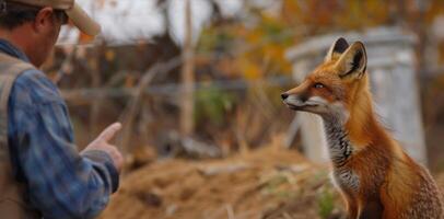 une Jeune Renard peering avec curiosité à une construction site de une sûr distance tandis que une construction ouvrier points à une proche désigné faune couloir cette a été ensemble en haut pour le animal photo