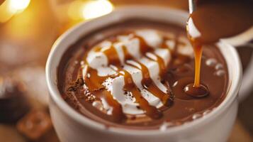 une caramel bruine en cascade vers le bas le côté de une classique chaud Chocolat ajouter une toucher de douceur à le riches cacao saveur photo