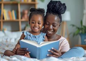 mère et enfant en train de lire une livre généré par ai. photo