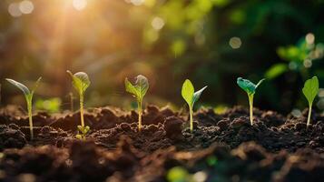 Terre journée concept - Jeune les plantes croissance dans Frais sol avec Soleil en hausse dans le Matin. photo