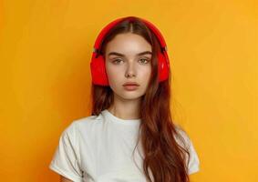 Jeune femme portant blanc T-shirt dans moderne rouge écouteurs sur Jaune Contexte généré par ai. photo