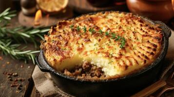 se livrer dans une tranche de chaud et réconfortant chalet tarte Frais en dehors de le traditionnel cheminée et rempli avec sarriette Viande et doux très en purée patates photo