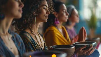 elles ou ils joindre dans une groupe du son guérison session enveloppé dans le apaisant les vibrations et renforcement leur lier. photo