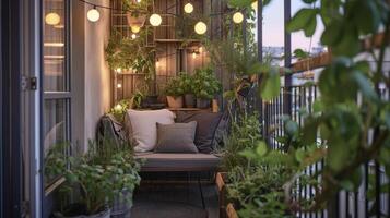 une petit Urbain balcon tourné dans une luxuriant vert oasis avec mis en pot les plantes une mini herbe jardin et lingue chaîne lumières photo