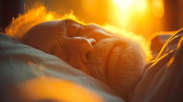 le doux lueur de le Matin Soleil points forts le les rides et sagesse sur une retraités visage comme elles ou ils mensonge dans lit encore paisible de une reposant sommeil photo