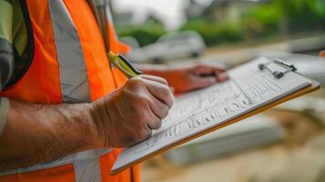 avec une sûr presse-papiers dans main le site directeur les documents tout nécessaire changements ou mises à jour à le construction des plans photo