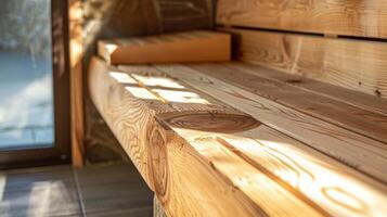 le saunas en bois bancs fournir une confortable place pour le athlète à asseoir et se détendre leur corps fusion dans le chaleur. photo