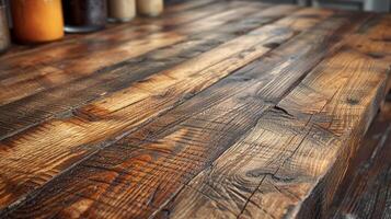 une Zoomé vue de une récupéré bois à manger table mettant en valeur ses unique céréales et marquages cette dire une récit de ses passé la vie photo