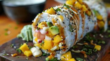 une Sushi burrito rempli avec île Ingrédients comme mangue Avocat et plantains jumelé avec une crémeux noix de coco plongement sauce photo