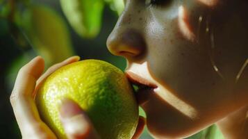 une la personne avec leur yeux fermé savourer le goût de un intensément sucré et juteux fruit avec une brillant vert peler photo