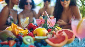 une groupe de Dames recueillies autour une table rempli avec coloré des fruits et rafraîchissant désintoxication l'eau profiter une en bonne santé et rafraîchissant spa collation. photo