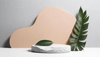 pierre podium cosmétique produit afficher Plate-forme Contexte minimal beauté soin de la peau supporter avec plante feuilles pour luxe présentation toile de fond photo