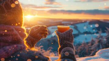 une vibrant le coucher du soleil plus de une neigeux paysage avec une la personne en gardant chaud avec une chaud grog dans main tandis que admiratif le vue photo