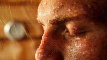 une fermer de une les personnes rincé et en sueur visage indiquant le augmenté circulation et couler de le sauna. photo