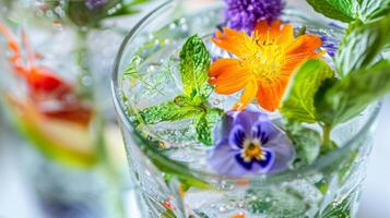 une fermer de une mocktail fabriqué avec Frais herbes des fruits et pétillant l'eau servi dans une fantaisie verre et garni avec une coloré comestible fleur photo